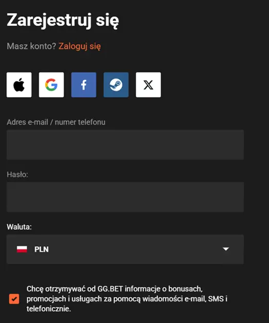 Formularz rejestracji w GGbet Casino