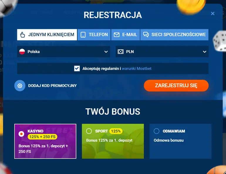 Formularz rejestracji w Mostbet Casino