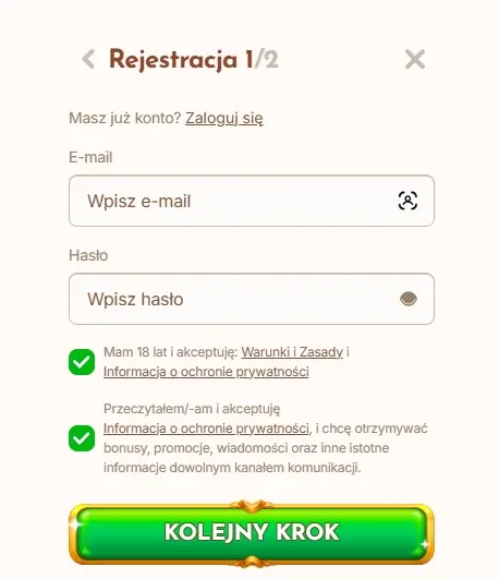 formularz rejestracyjny Bethall Casino online drugi krok