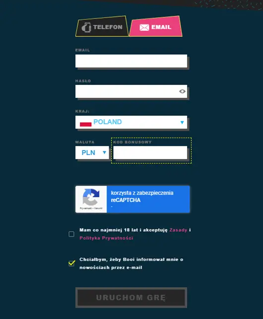 Formularz rejestracji w Booi Casino email