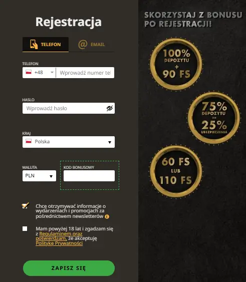 Formularz rejestracji w Play Fortuna Casino telefon